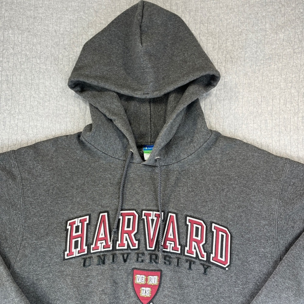 Vintage Champion Harvard University Hoodie Men M Gray Eco Fleece Sweatshirt